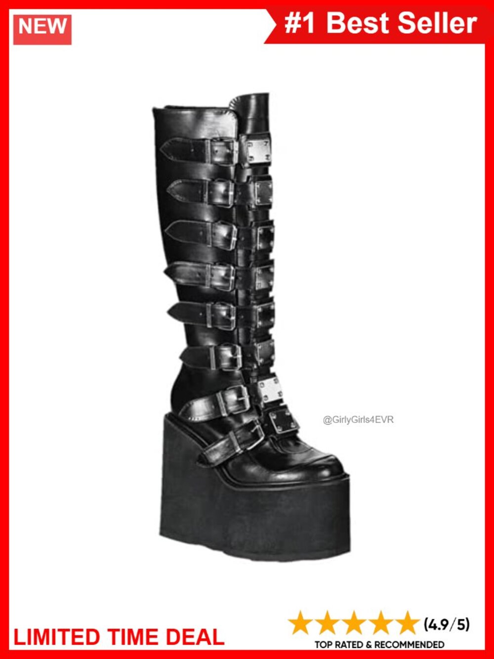 Punk Goth Platform Knee High Boots Faux Leather Combat Buckle Zip